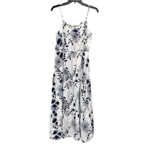 Valentina Naldi White Navy Floral Print Linen Sleeveless Midi Dress Size S